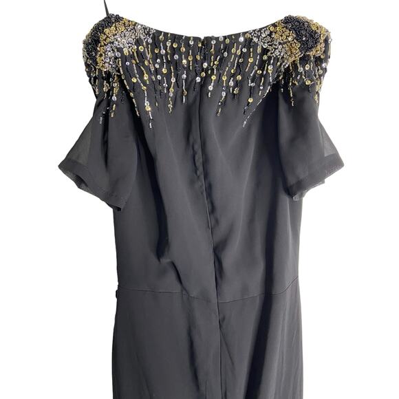 Ieena for Mac Duggal 55704 Beaded Shoulder Ruched Dress High Slit Black Size 4 - Picture 6 of 15